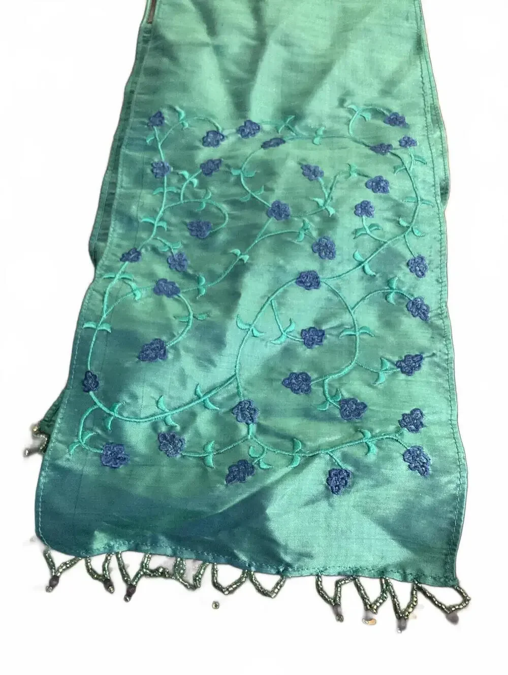 CRC Handcrafted Turquoise Embroidered Silk Scarf /Beaded Fringe
